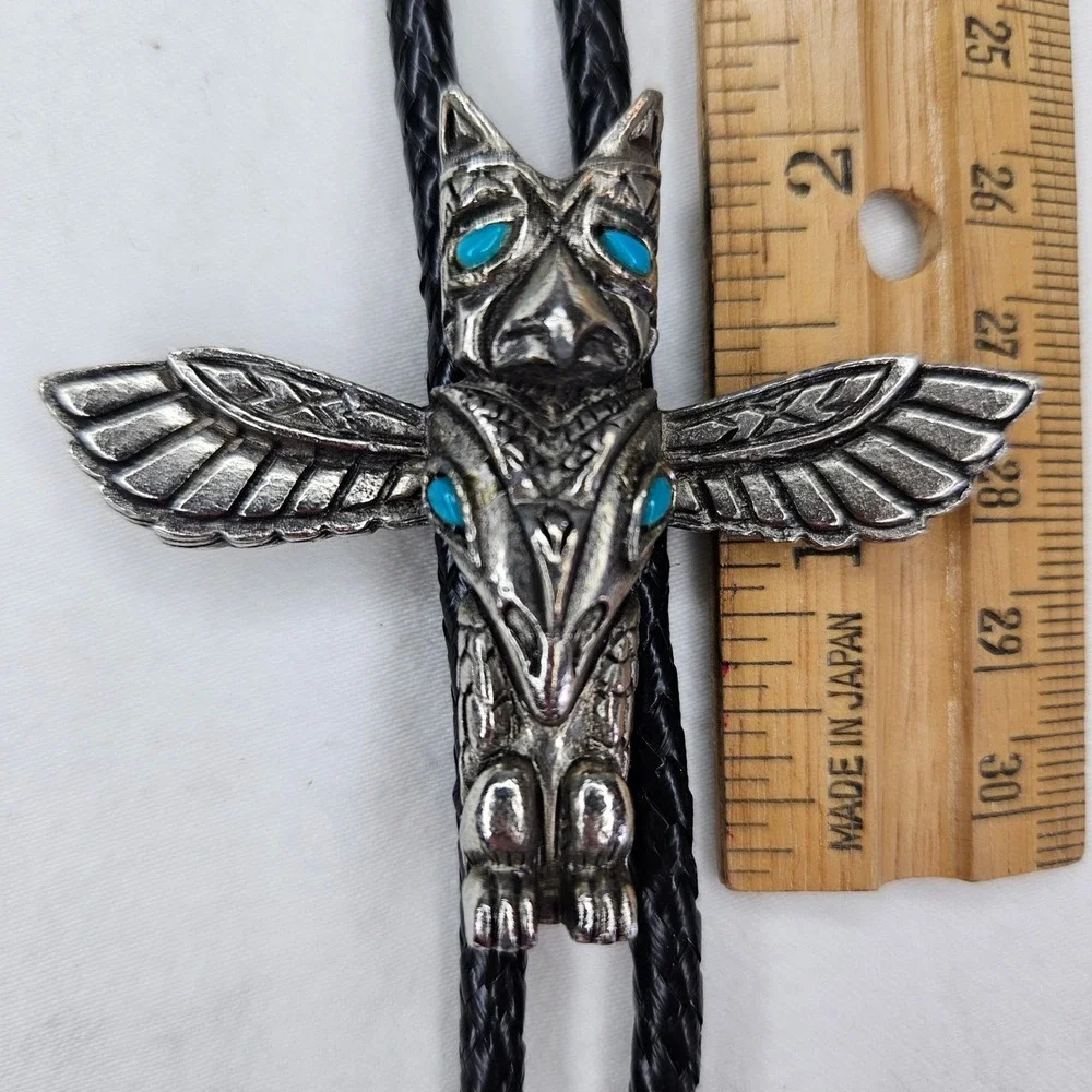 Vtg Bolo Tie Eagle Totem Silver Tone Turquoise Black Leather Braided Cord Native
